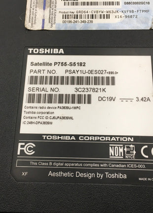 TOSHIBA SATELLITE P755 S5182 -FOR PARTS/BAD LCD- INTEL I5 2ND GEN - 4GB RAM - BB