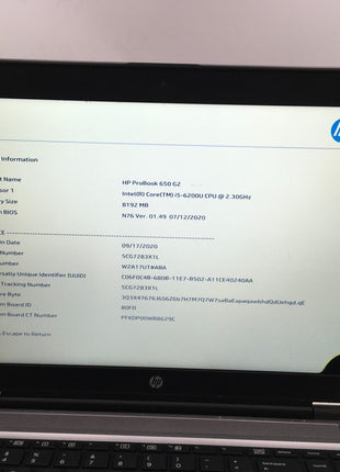 HP PROBOOK 650 G2 - FOR PARTS/BIOS LOCKED - INTEL I5 6200U - 8GB RAM - READ - BB