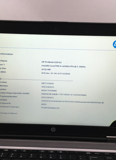 HP PROBOOK 650 G2 - FOR PARTS/BIOS LOCKED - INTEL I5 6200U - 8GB RAM - READ - BB